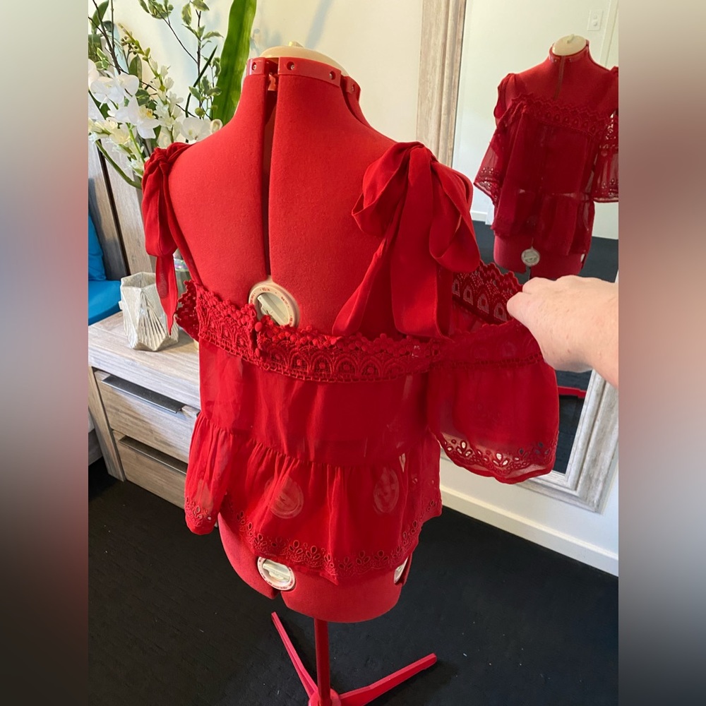 Size 16 Asos Red Lace Tie Shoulder Boho Top - Picture 7 of 10